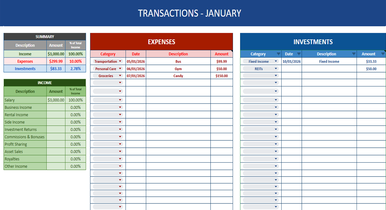 Entries - record your expenses and income